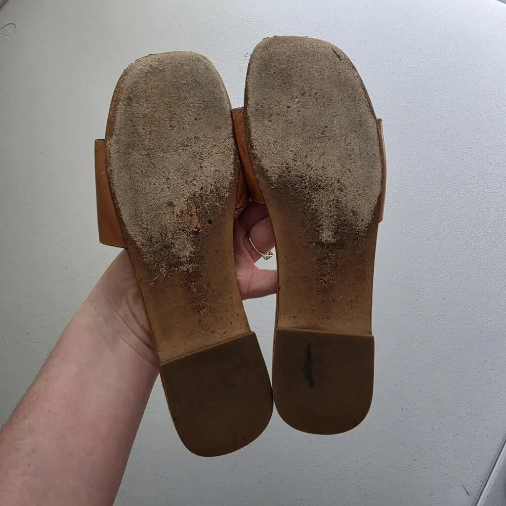 Tory Burch Sandals Womens Size 7.5 Brown Leather Slide Logo Slip On Flat